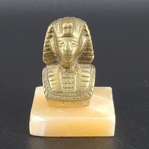 Vintage Brass Statue Egyptian Pharaoh Bust Marble Base Paperweight
